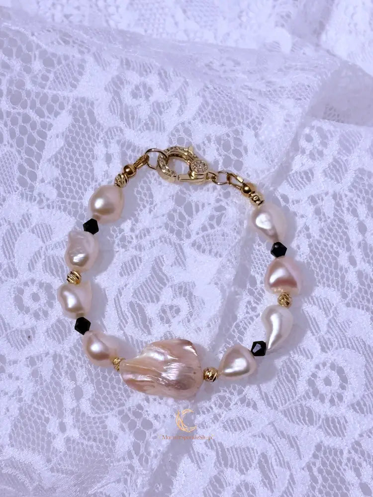 Quiet Balance Bracelet | Blush Baroque Pearl, Black Crystal & 18K Gold Filled | Elegant Handmade Jewelry