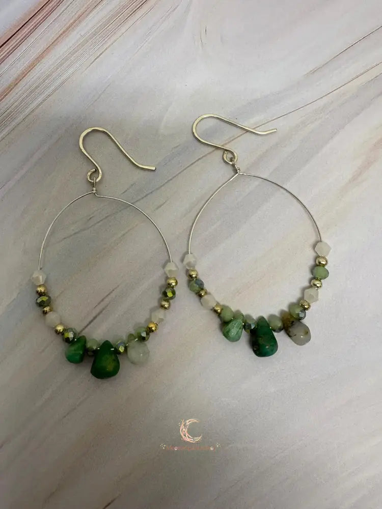 Peruvian Opal Earrings - Sterling Silver Hoop Dangles with Czech Glass Beads