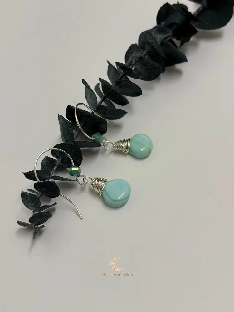 Blue Peruvian Opal Earrings – Silver Wire Wrapped Drop Gemstone Jewelry