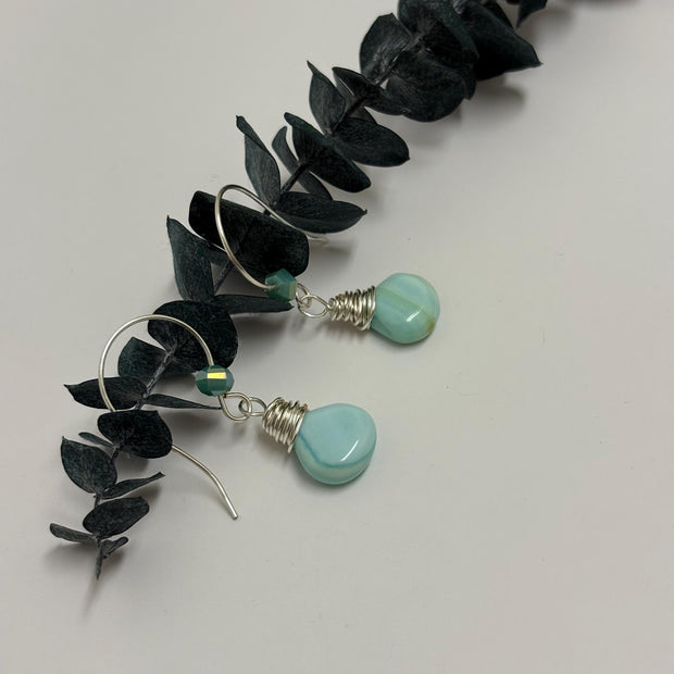 Blue Peruvian Opal Earrings – Silver Wire Wrapped Drop Gemstone Jewelry