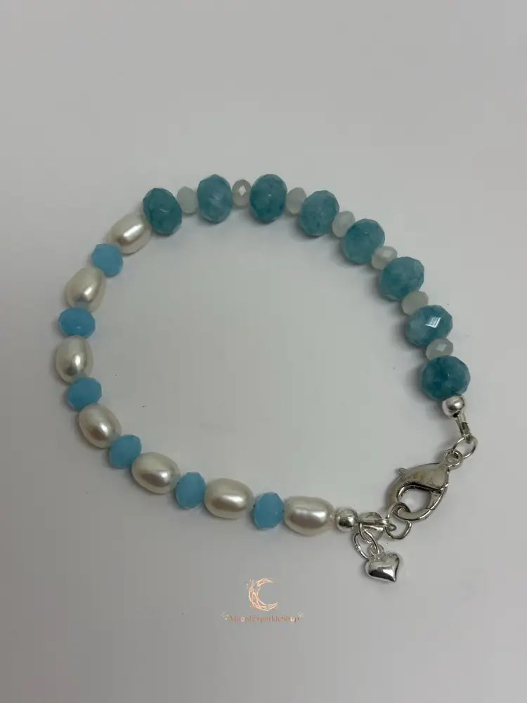 Aquamarine Pearl Bracelet - Sterling Silver with Moonstone & Heart Charm
