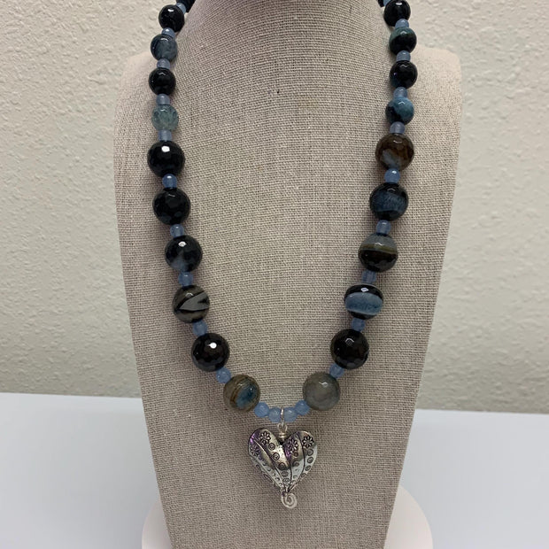 Agate Pendant Necklace – Silver Heart & Blue Quartz Beads 18" Gemstone Jewelry