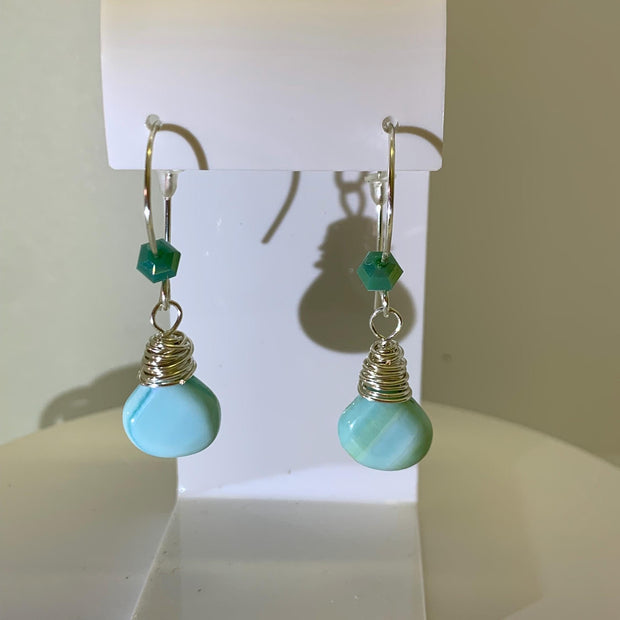 Blue Peruvian Opal Earrings – Silver Wire Wrapped Drop Gemstone Jewelry