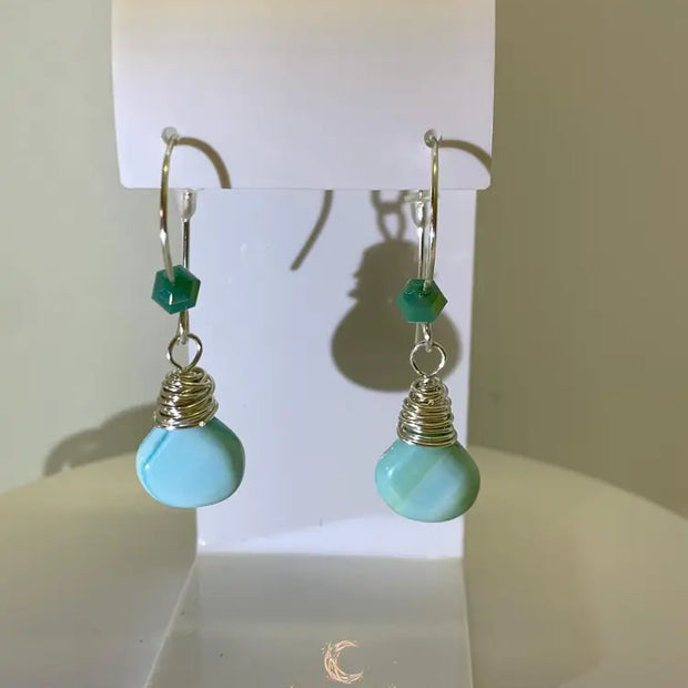 Blue Peruvian Opal Earrings – Silver Wire Wrapped Drop Gemstone Jewelry