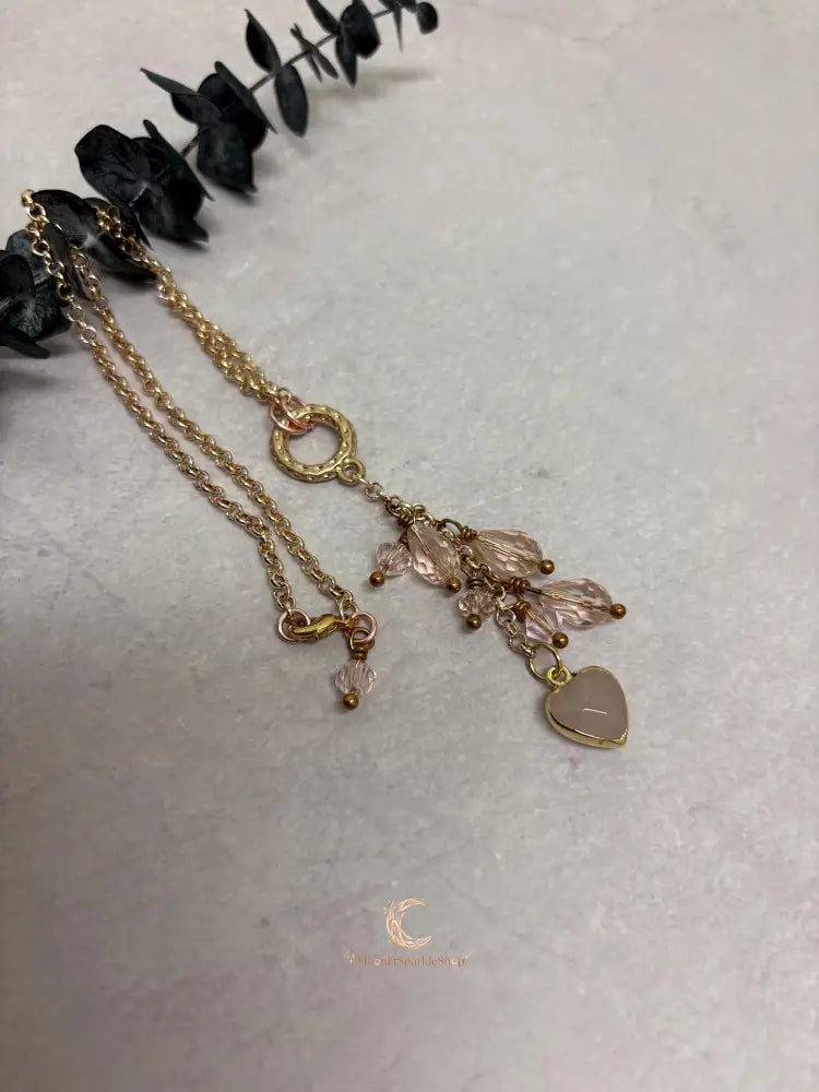 Rose Quartz Heart Pendant Necklace – Pink Crystal Waterfall 16