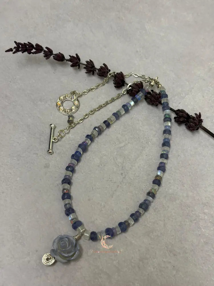Tanzanite Opal Moonstone Necklace - Lavender Rose Pendant Sterling Silver