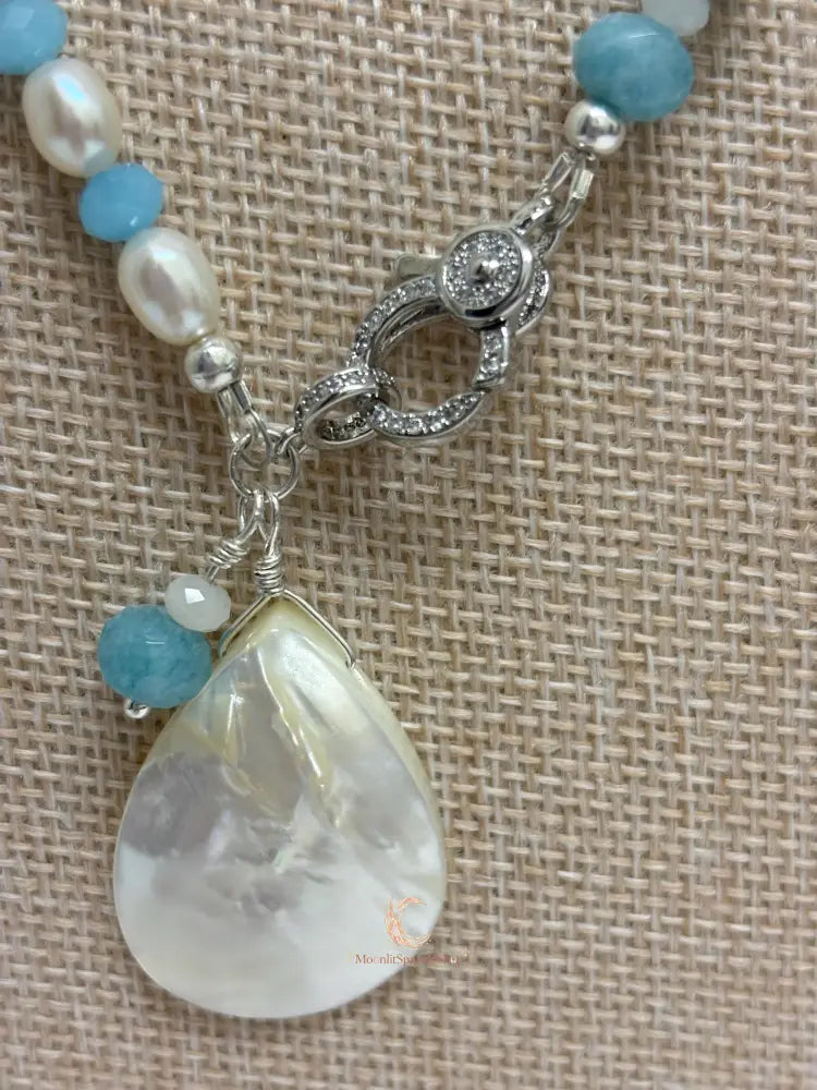 Aquamarine Pearl Pendant Necklace - Sterling Silver with Moonstone Accent