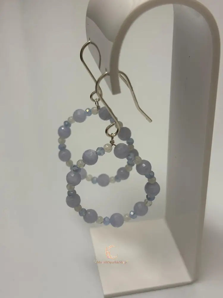 Blue Lace Agate Moonstone Hoop Earrings – Sterling Silver Gemstone Dangle Jewelry