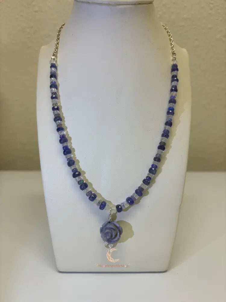 Tanzanite Opal Moonstone Necklace - Lavender Rose Pendant Sterling Silver