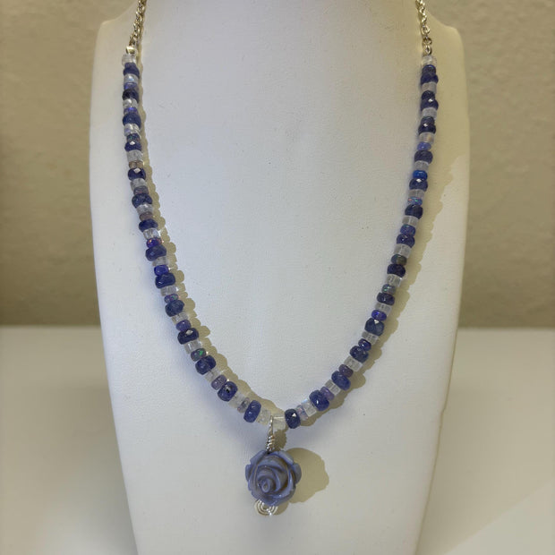 Tanzanite Opal Moonstone Necklace - Lavender Rose Pendant Sterling Silver