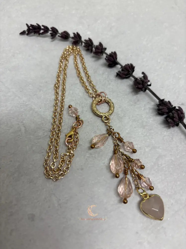 Rose Quartz Heart Pendant Necklace – Pink Crystal Waterfall 16