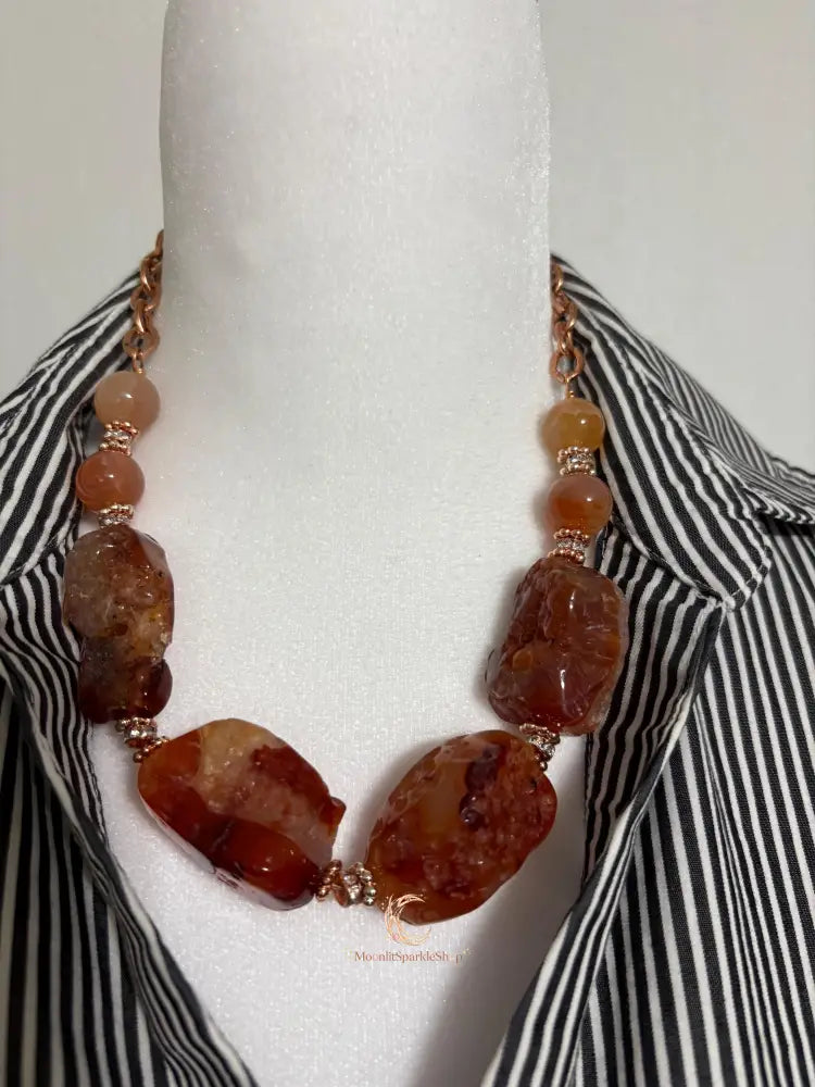 Raw Carnelian Copper Necklace – Chunky Natural Gemstone Pendant, Boho Statement Jewelry for Women