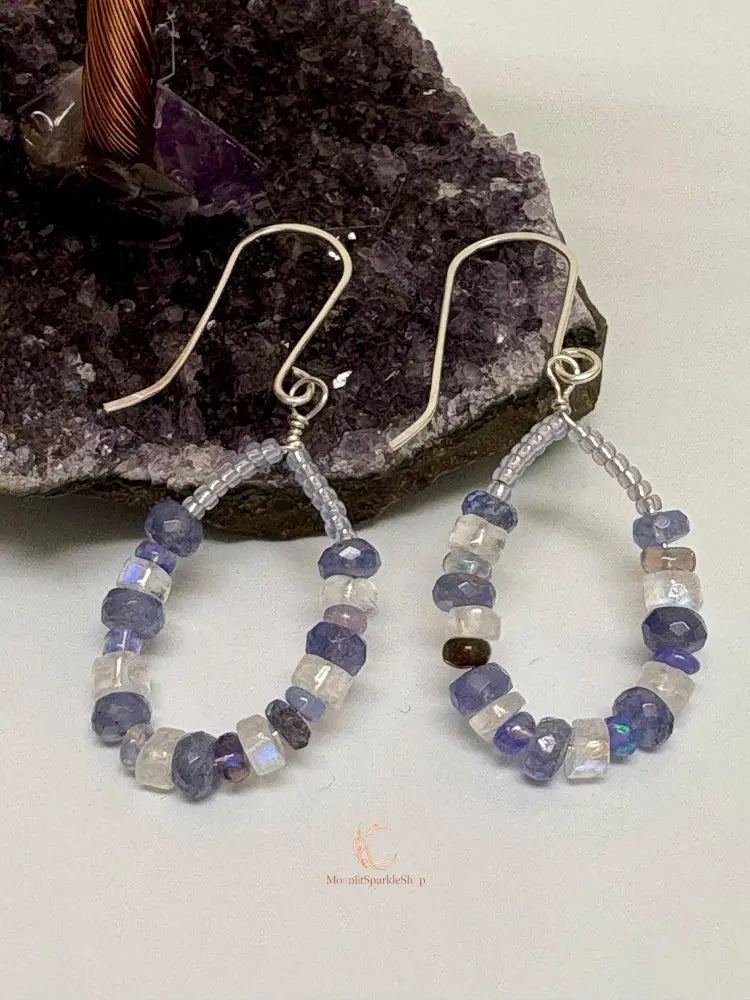 Tanzanite Opal Moonstone Earrings - Sterling Silver Handcrafted Drops