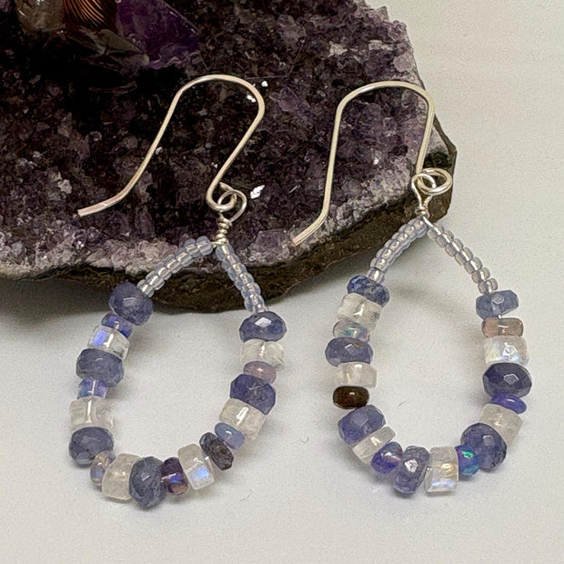 Tanzanite Opal Moonstone Earrings - Sterling Silver Handcrafted Drops