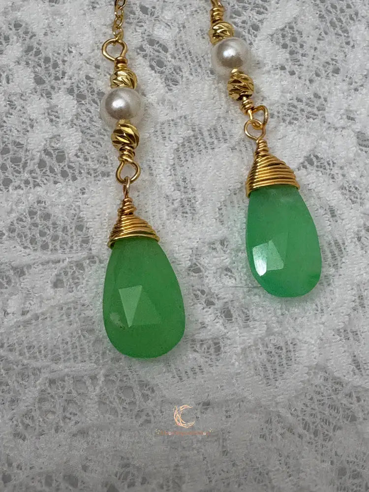 Emergence of Light Drop Earrings – Chrysoprase, Cultured Pearl & 18K Gold Filled