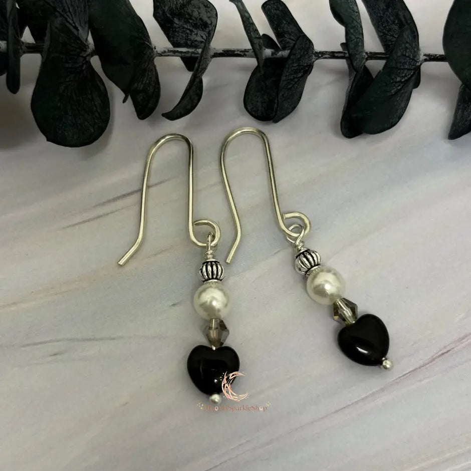 Black Onyx & White Pearl Drop Earrings - Handmade Silver Earwires
