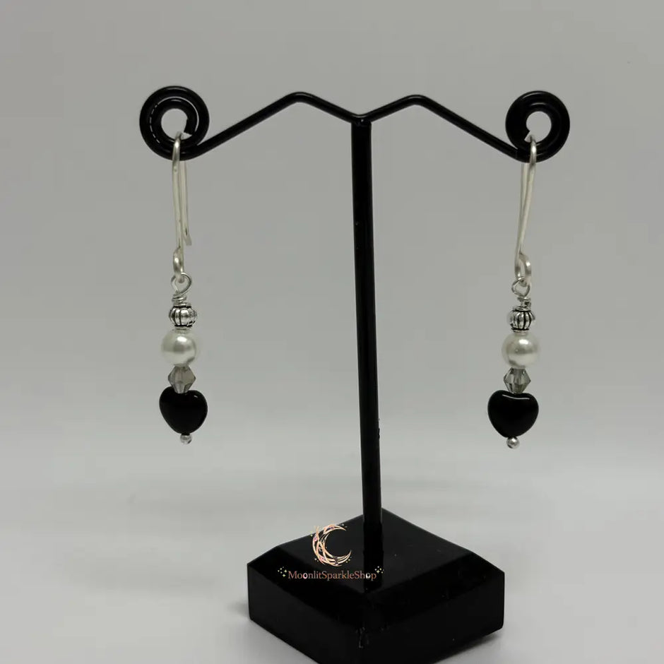 Black Onyx & White Pearl Drop Earrings - Handmade Silver Earwires