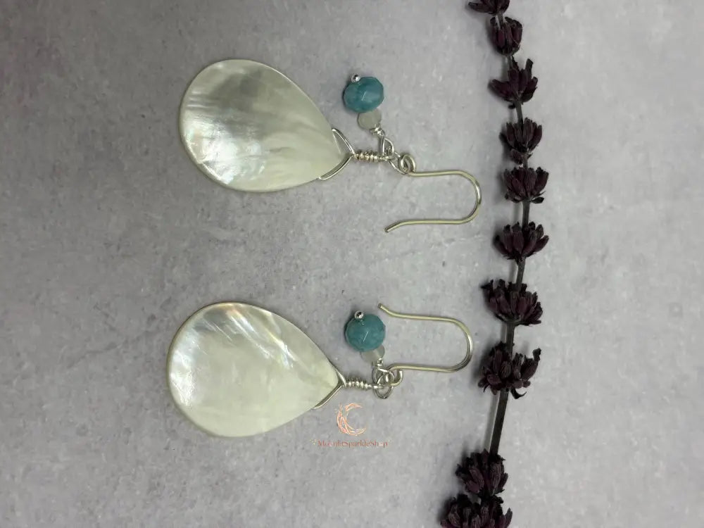 Mother of Pearl Drop Earrings - Aquamarine Moonstone Sterling Silver
