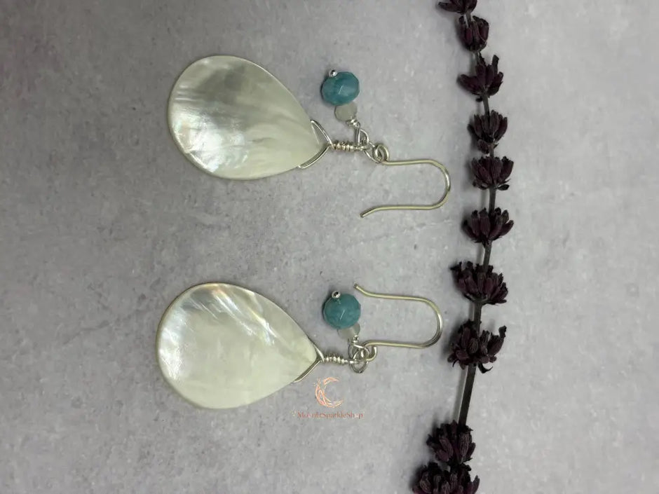 Mother of Pearl Drop Earrings - Aquamarine Moonstone Sterling Silver