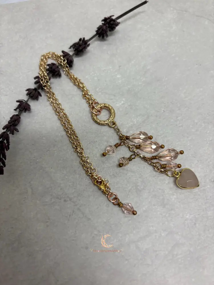 Rose Quartz Heart Pendant Necklace – Pink Crystal Waterfall 16