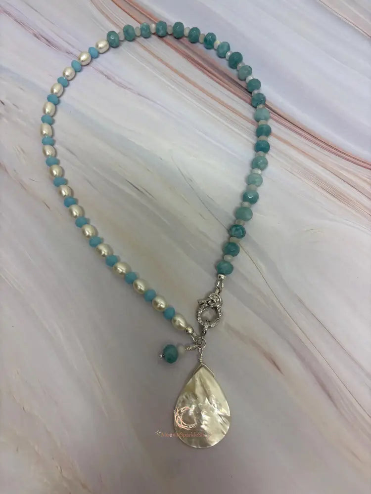 Aquamarine Pearl Pendant Necklace - Sterling Silver with Moonstone Accent