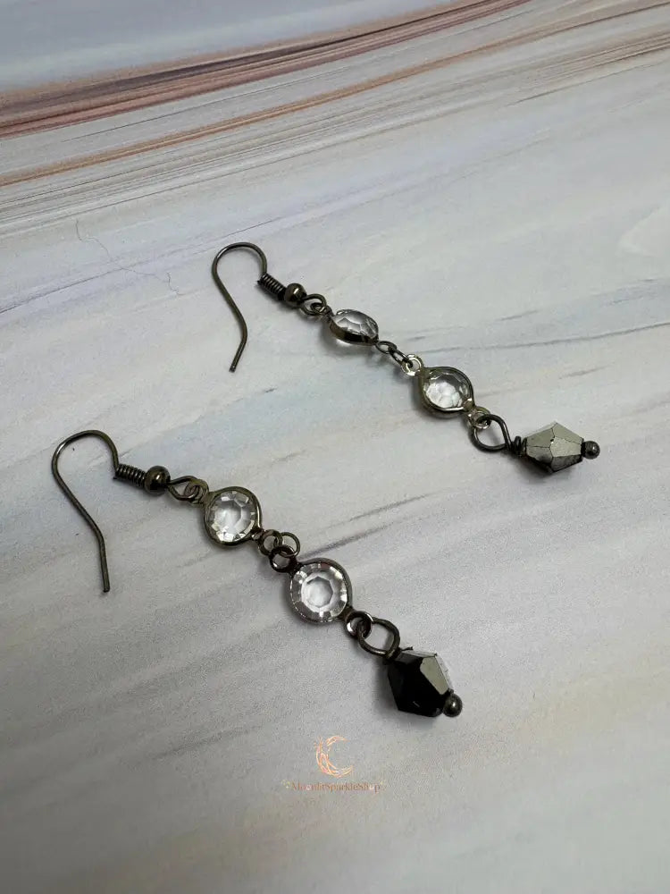 Black Crystal Drop Earrings - Gunmetal Chain Dangle with Rhinestones