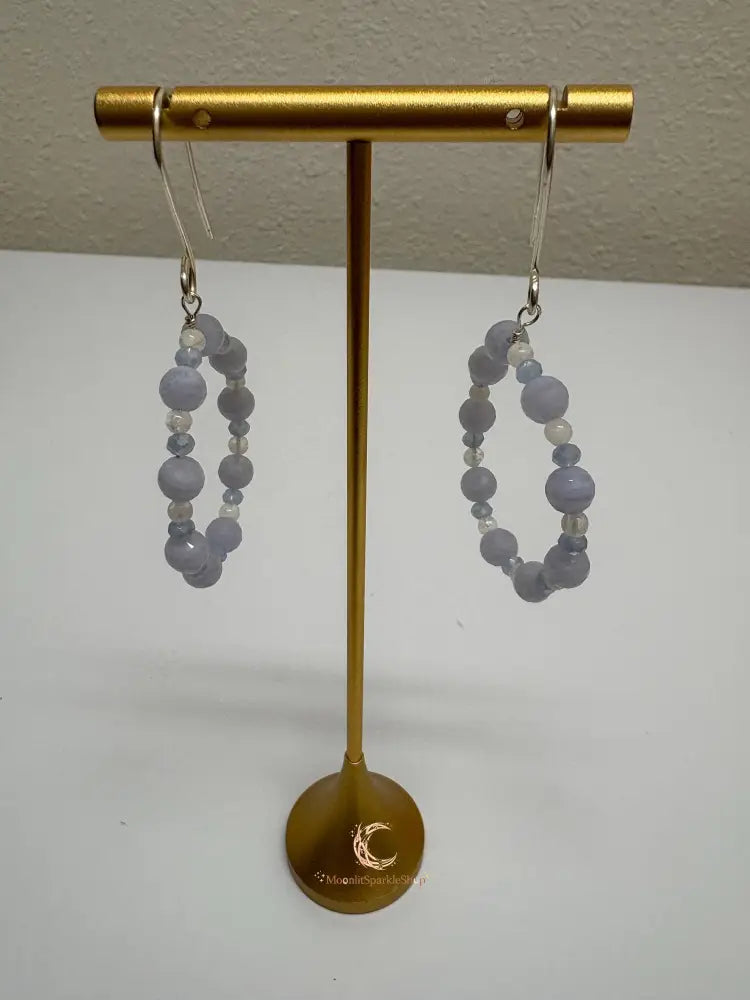 Blue Lace Agate Moonstone Hoop Earrings – Sterling Silver Gemstone Dangle Jewelry