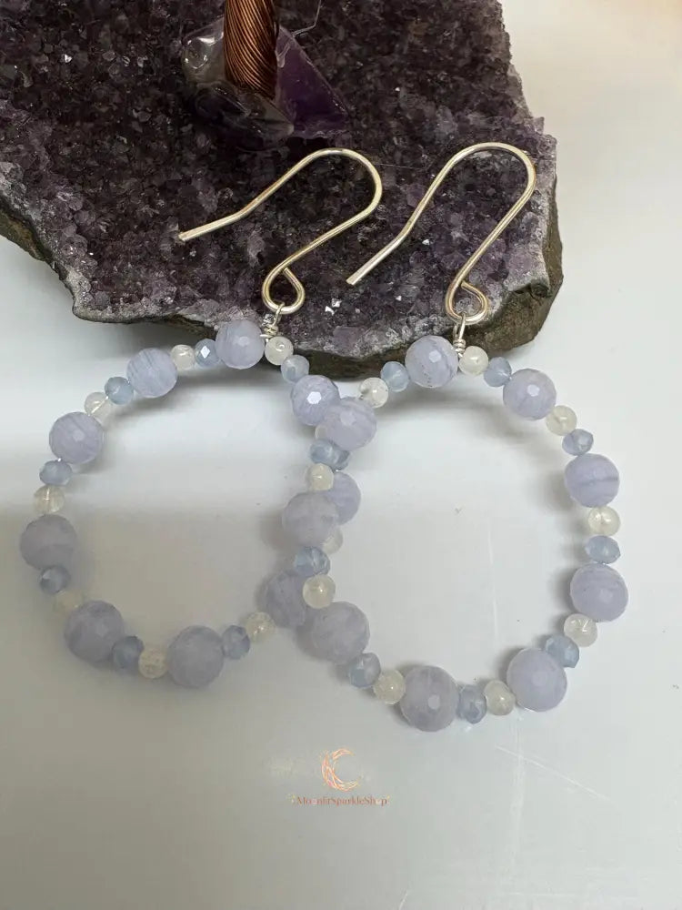 Blue Lace Agate Moonstone Hoop Earrings – Sterling Silver Gemstone Dangle Jewelry