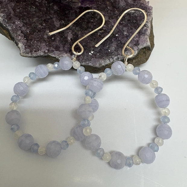 Blue Lace Agate Moonstone Hoop Earrings – Sterling Silver Gemstone Dangle Jewelry