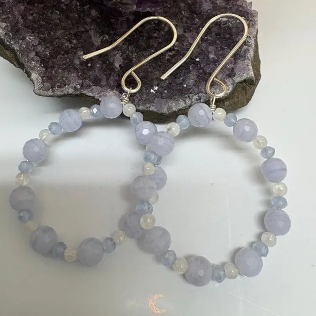 Blue Lace Agate Moonstone Hoop Earrings – Sterling Silver Gemstone Dangle Jewelry