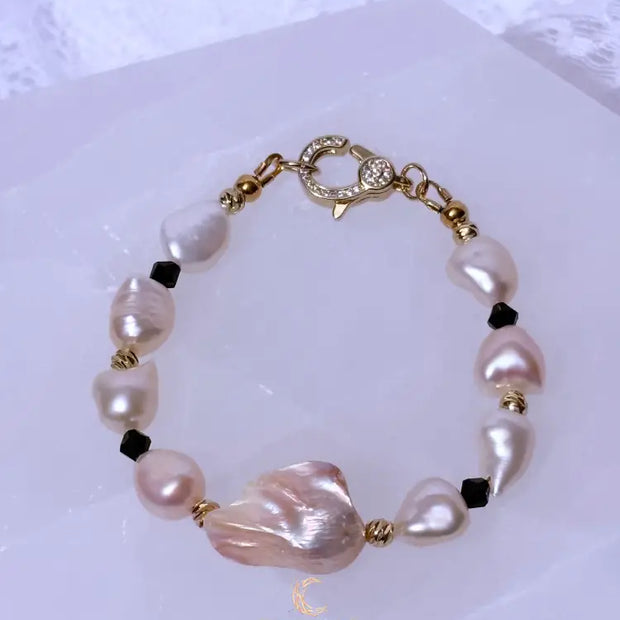 Quiet Balance Bracelet | Blush Baroque Pearl, Black Crystal & 18K Gold Filled | Elegant Handmade Jewelry