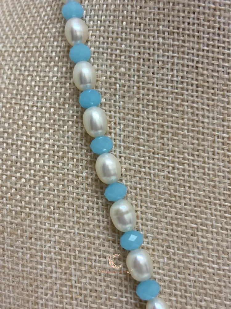 Aquamarine Pearl Pendant Necklace - Sterling Silver with Moonstone Accent