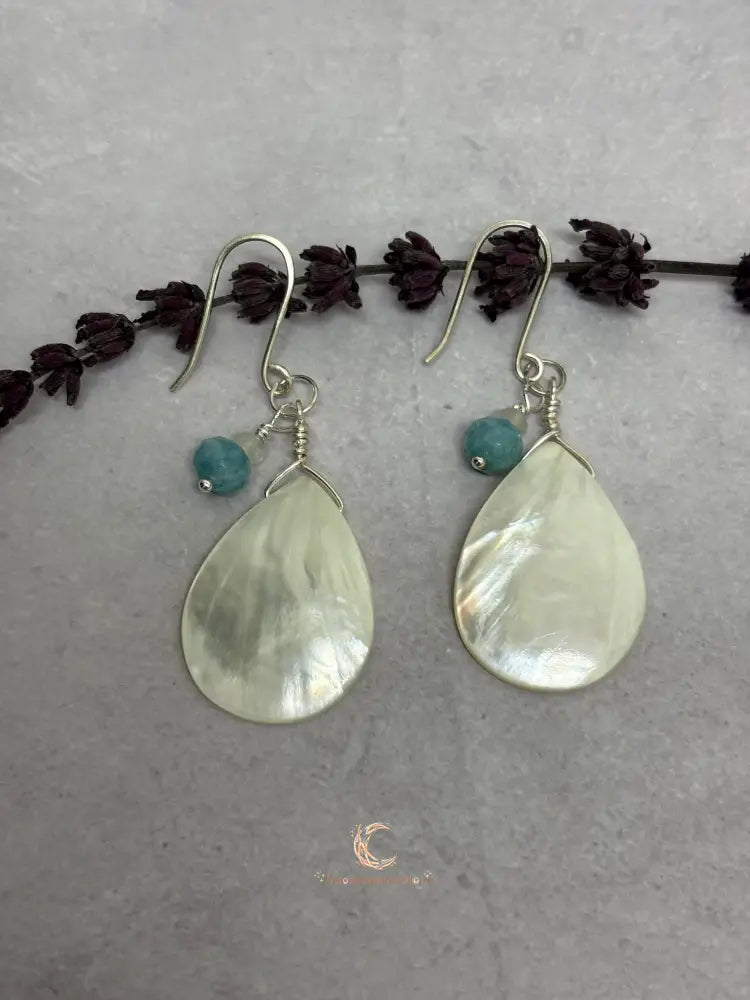 Mother of Pearl Drop Earrings - Aquamarine Moonstone Sterling Silver