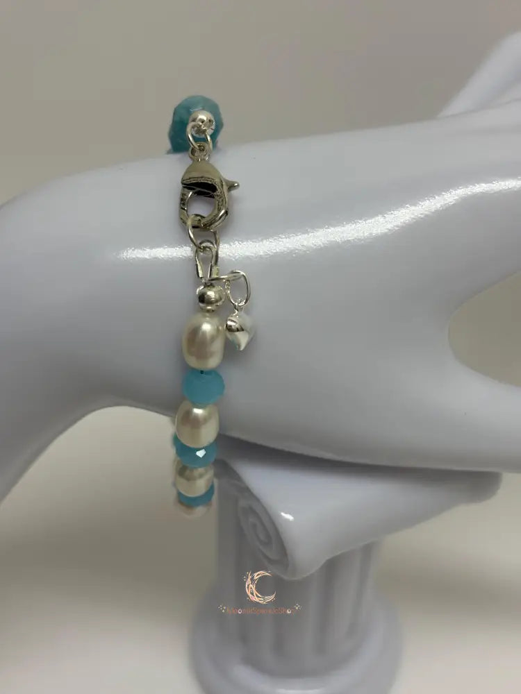 Aquamarine Pearl Bracelet - Sterling Silver with Moonstone & Heart Charm