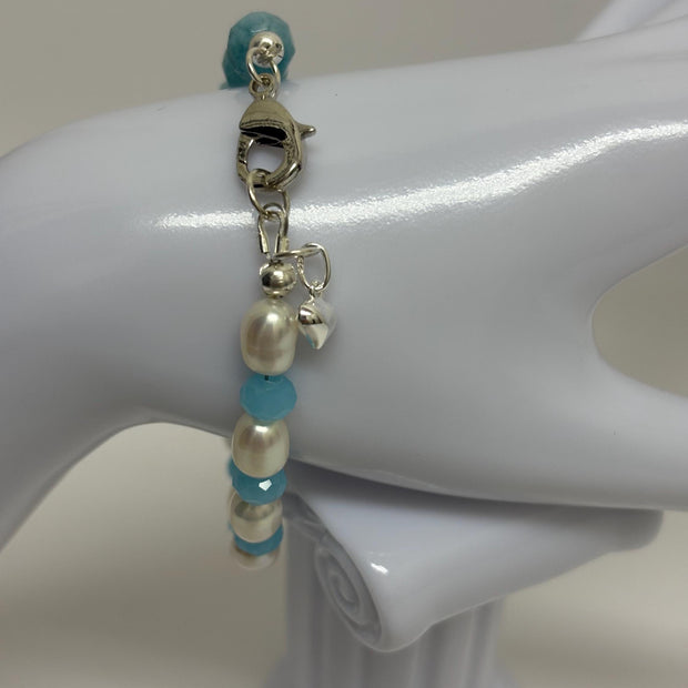 Aquamarine Pearl Bracelet - Sterling Silver with Moonstone & Heart Charm