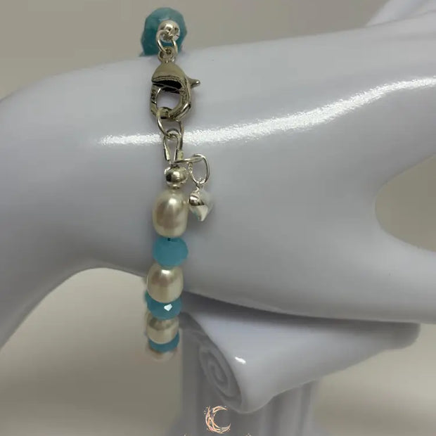 Aquamarine Pearl Bracelet - Sterling Silver with Moonstone & Heart Charm