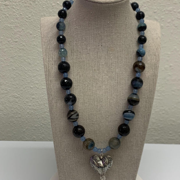 Agate Pendant Necklace – Silver Heart & Blue Quartz Beads 18" Gemstone Jewelry