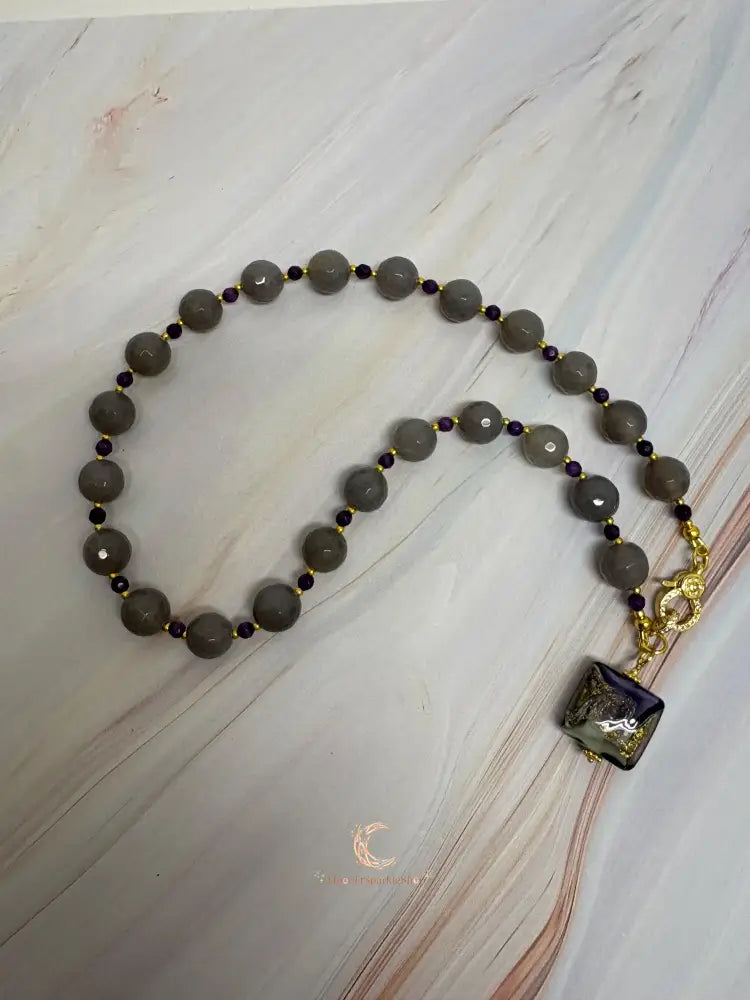 Gray Agate Amethyst Necklace – Dichroic Glass Pendant & Gold Plated Gemstone Jewelry