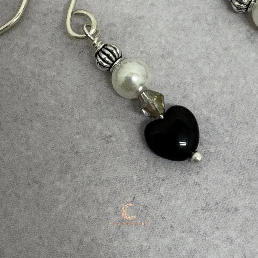 Black Onyx & White Pearl Drop Earrings - Handmade Silver Earwires
