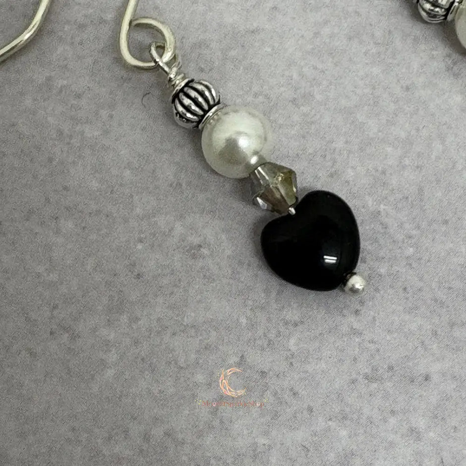 Black Onyx & White Pearl Drop Earrings - Handmade Silver Earwires
