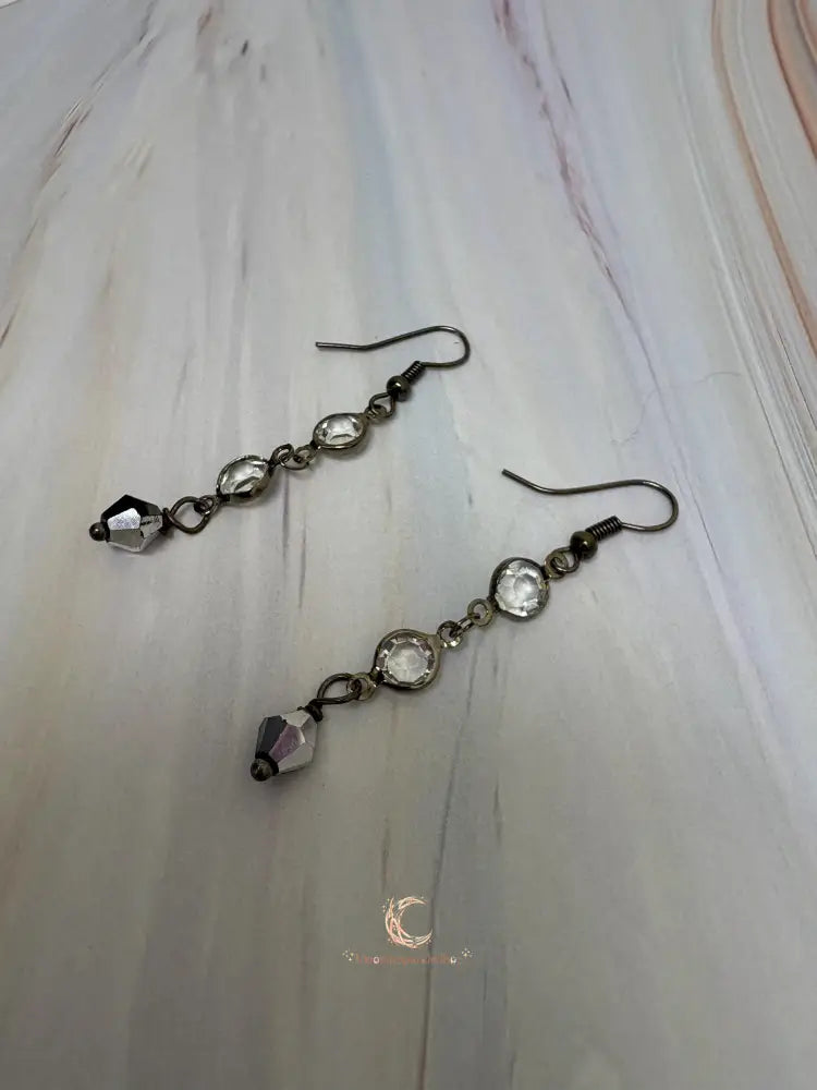 Black Crystal Drop Earrings - Gunmetal Chain Dangle with Rhinestones