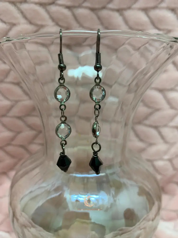 Black Crystal Drop Earrings - Gunmetal Chain Dangle with Rhinestones