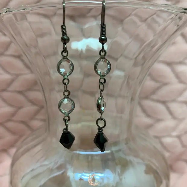 Black Crystal Drop Earrings - Gunmetal Chain Dangle with Rhinestones