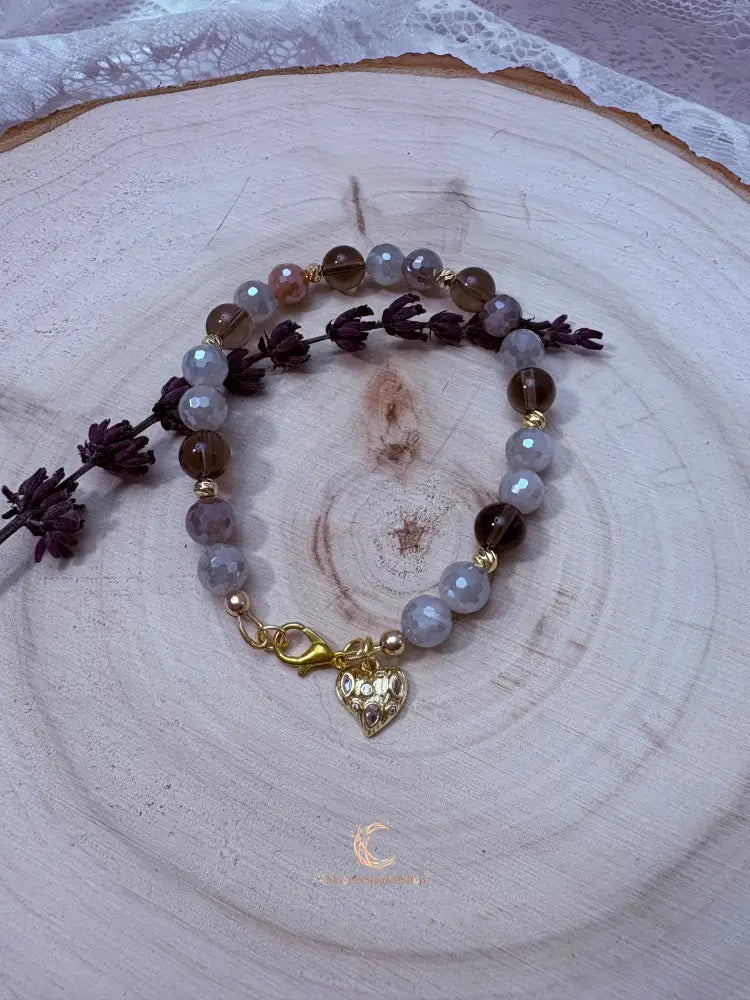 Autumn’s Quiet Light Smoky Quartz & Mystic Moonstone Bracelet – 8 Inch