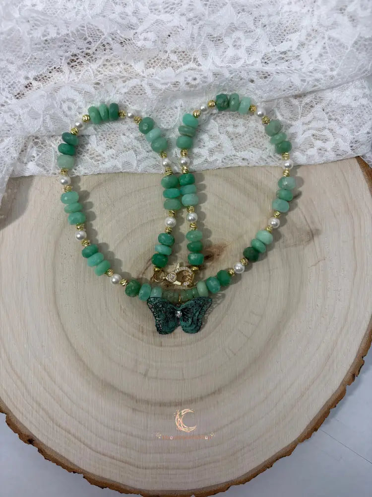 Emergence of Light Necklace - Chrysoprase, Cultured Pearl & Gold Filled with Butterfly Pendant