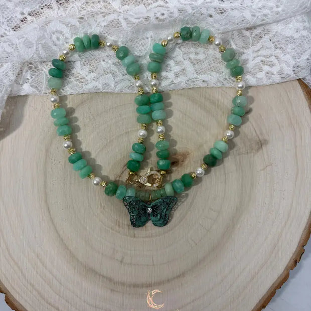 Emergence of Light Necklace - Chrysoprase, Cultured Pearl & Gold Filled with Butterfly Pendant