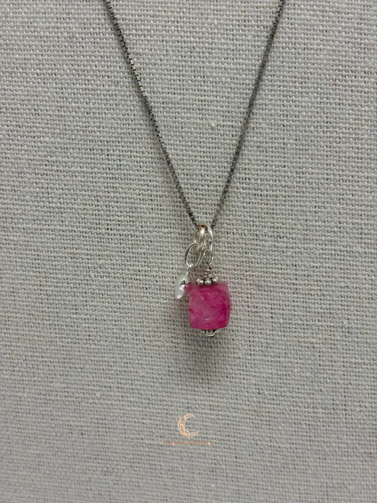 Pink Moonstone Pendant Necklace with Heart Charm - Sterling Silver Box Chain 18"