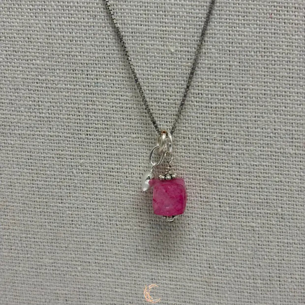 Pink Moonstone Pendant Necklace with Heart Charm - Sterling Silver Box Chain 18"