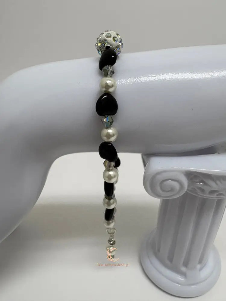 Black Onyx, Pearl & Crystal Bracelet - 7.75 Inch