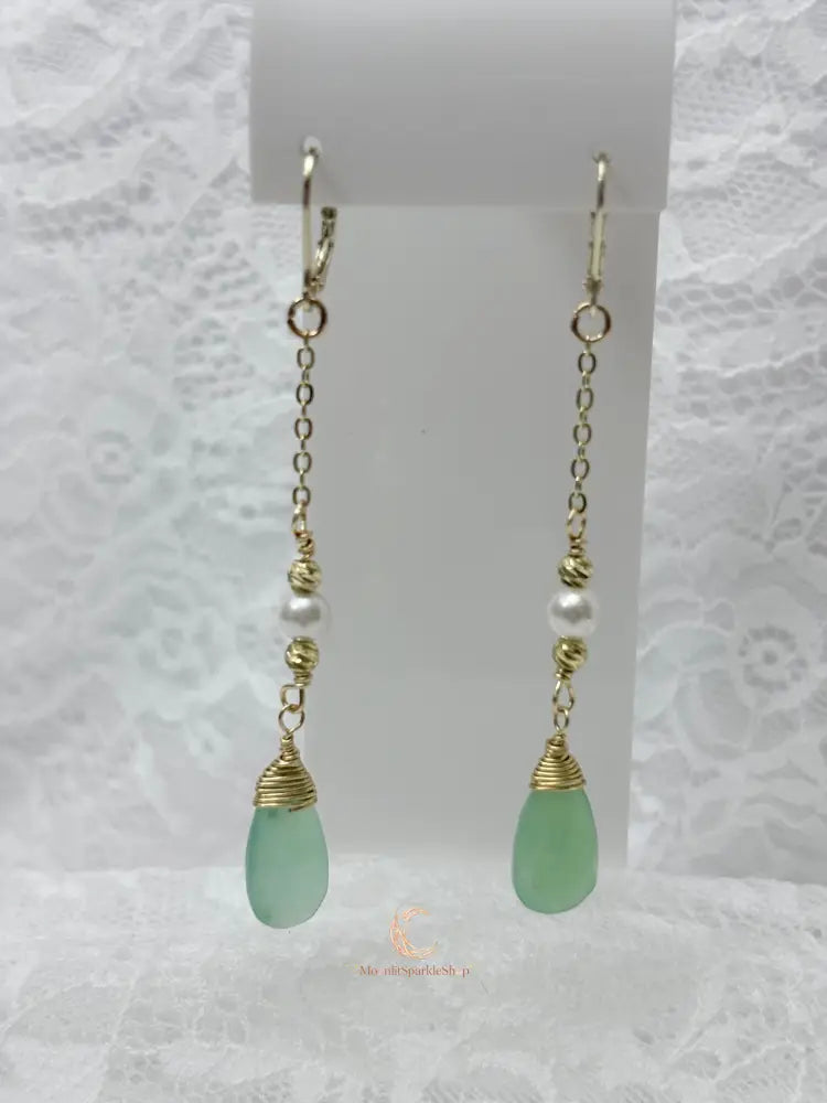 Emergence of Light Drop Earrings – Chrysoprase, Cultured Pearl & 18K Gold Filled